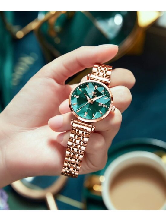 Women\'s Green Diamond Rose Gold Stainless Steel Waterproof Quartz Luxury Watch